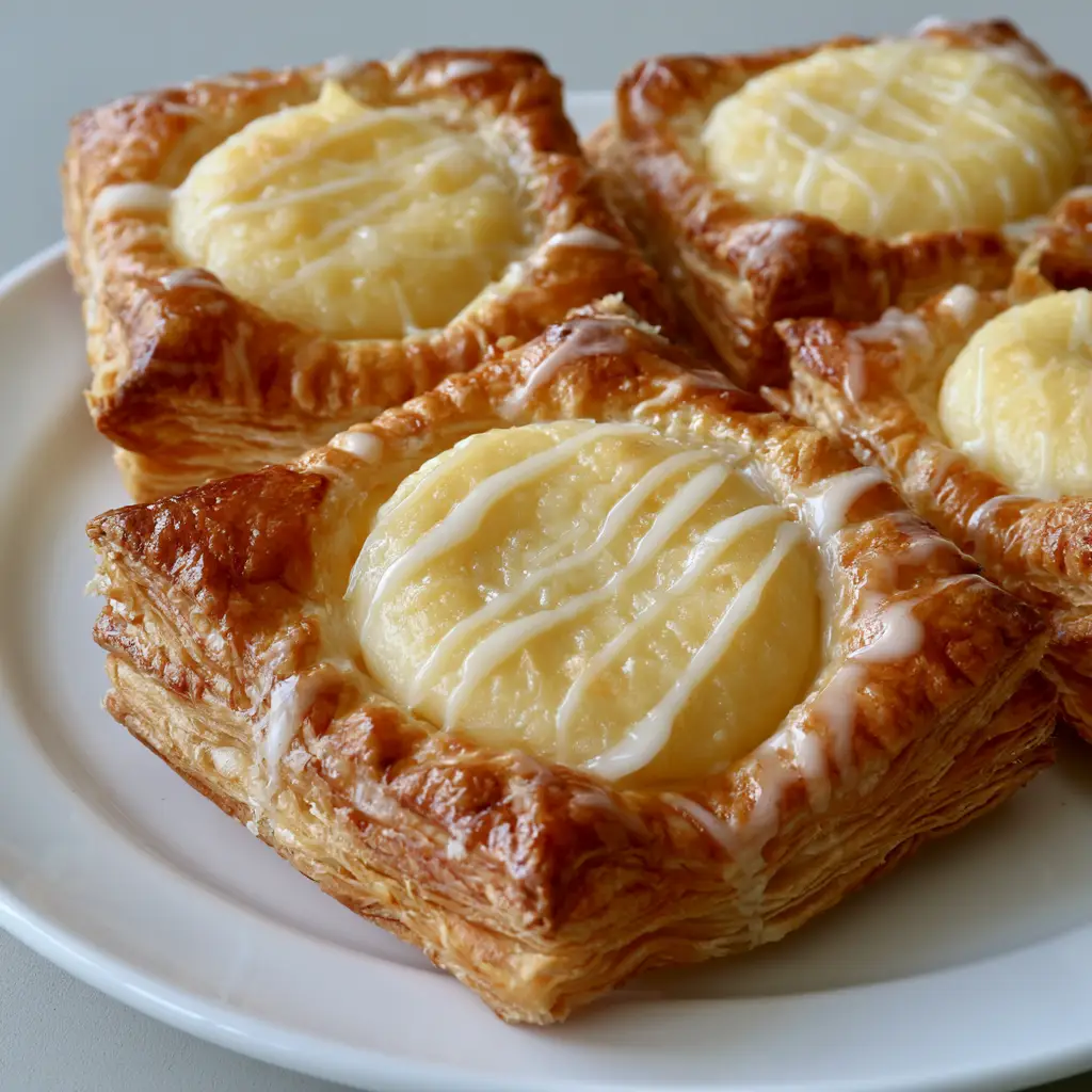 Close up photo of square Mini Cheese Danish with multi-layered flaky edges and a white icing drizzle. (Mini Cheese Danish)