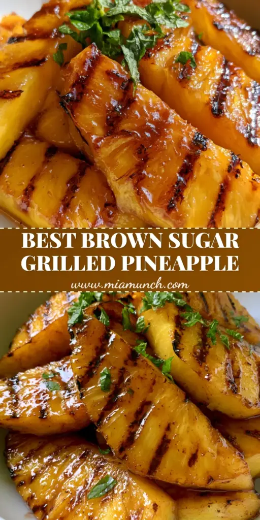Brown Sugar Grilled Pineapple: The Best Caramelized Summer Dessert 4 Close-up handheld photo of Brown Sugar Grilled Pineapple wedges with dark char marks and mint garnish in a white bowl.