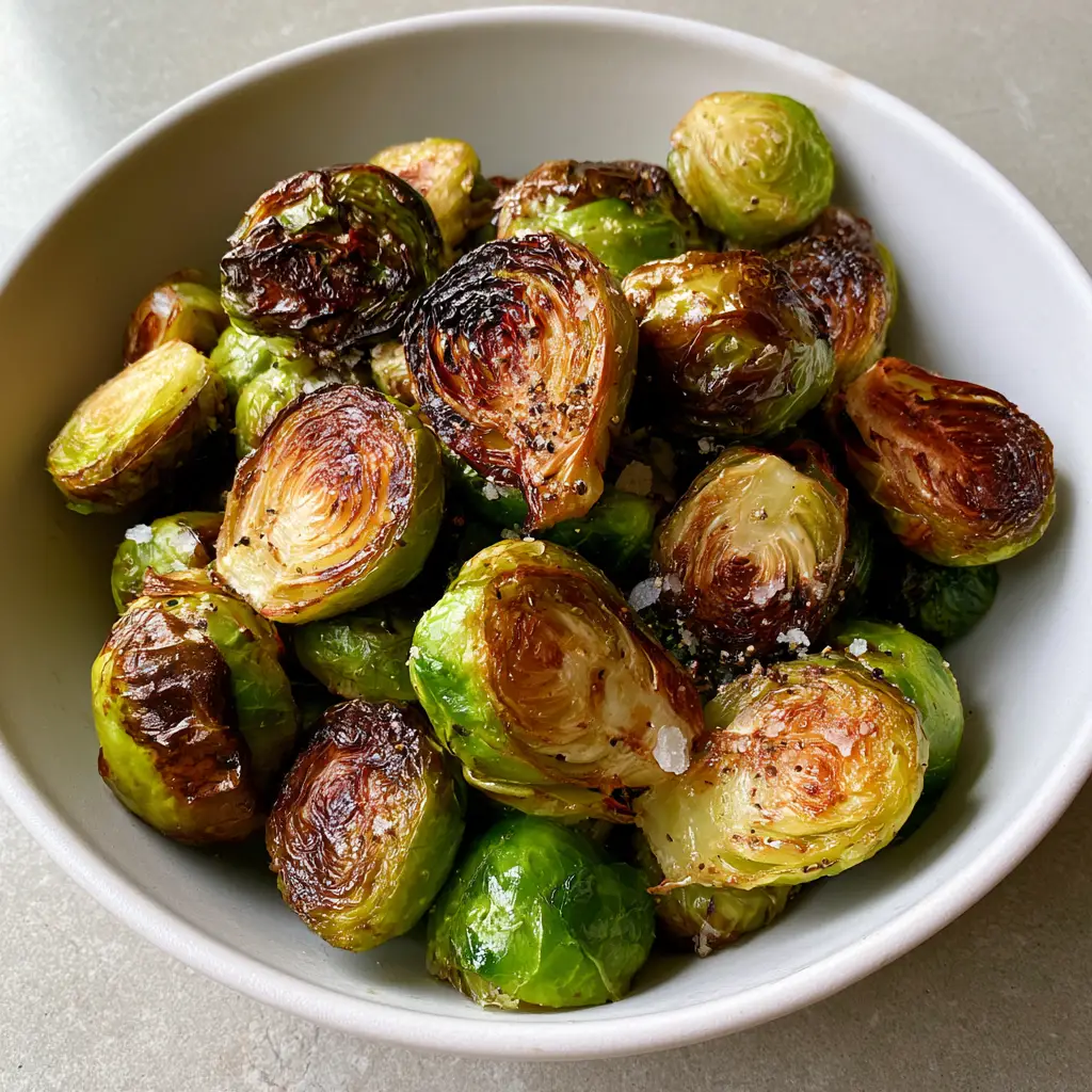 Halved Roasted Brussels Sprouts showing vibrant green centers and dark brown outer leaves.
