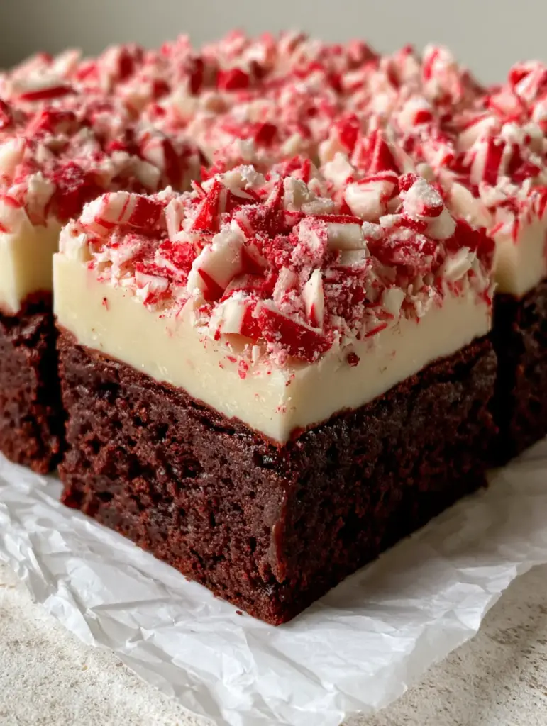 Peppermint Bark Brownies: The Ultimate Fudgy Holiday Dessert 1 Overhead view of Peppermint Bark Brownies sliced neatly on crinkled white parchment paper.