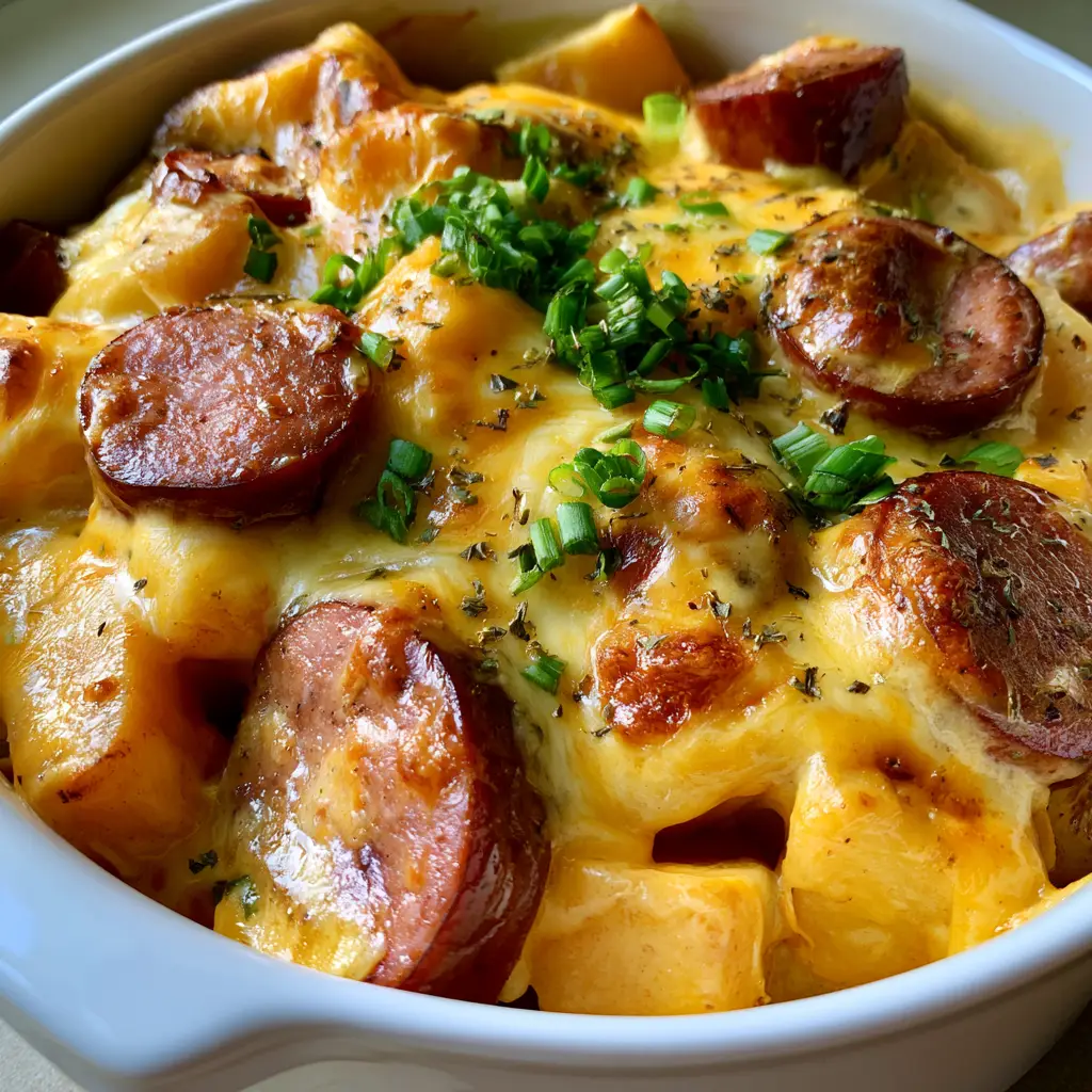 Kielbasa Potato Casserole with Creamy Cheddar Sauce 2 Close up of Kielbasa Potato Casserole showing seared sausage rounds and thick creamy cheese sauce with toasted patches.