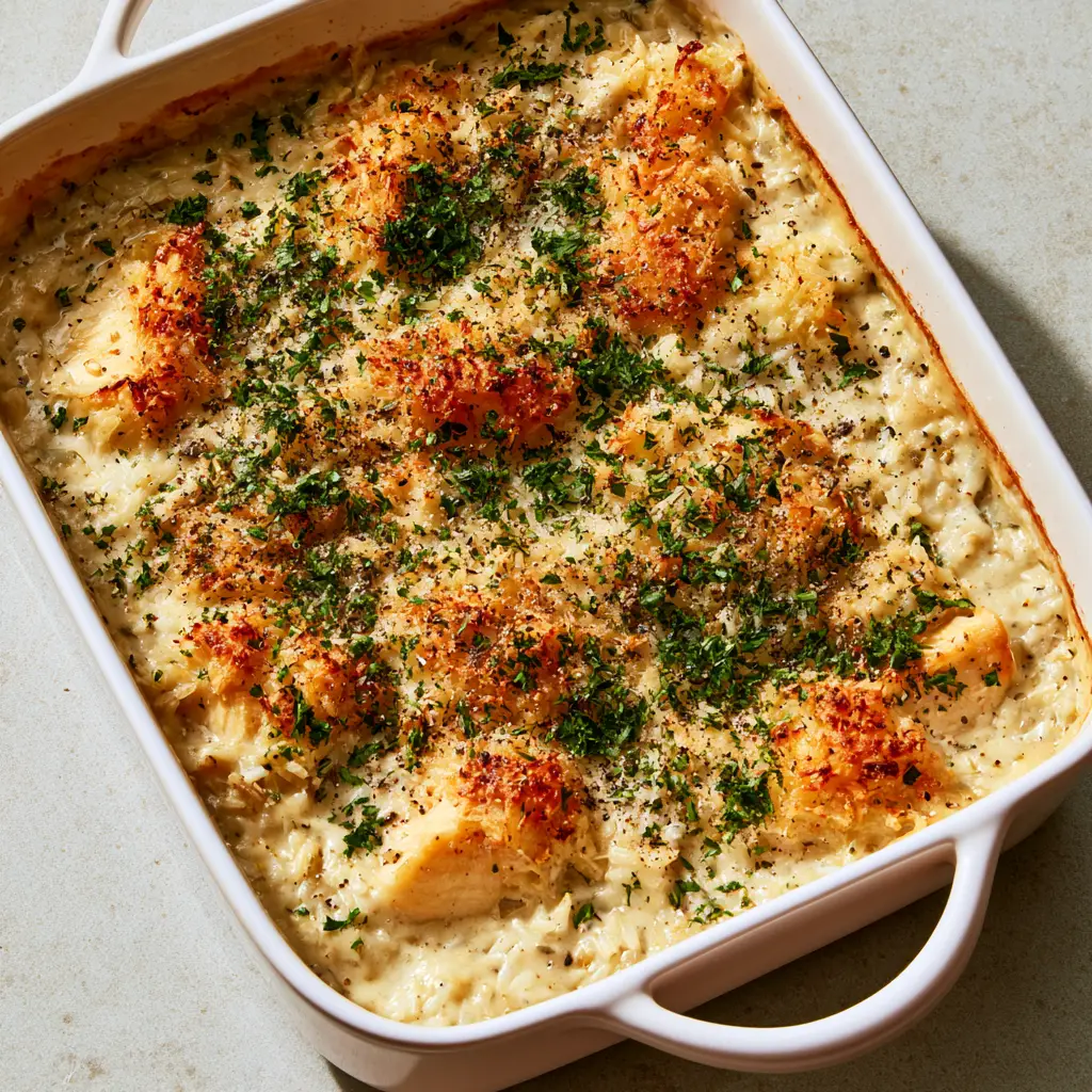 No Peek Chicken Casserole: The Easiest Creamy One-Pan Dinner 1 Overhead 45-degree angle of No Peek Chicken Casserole showing the parsley flakes and black pepper seasoning.