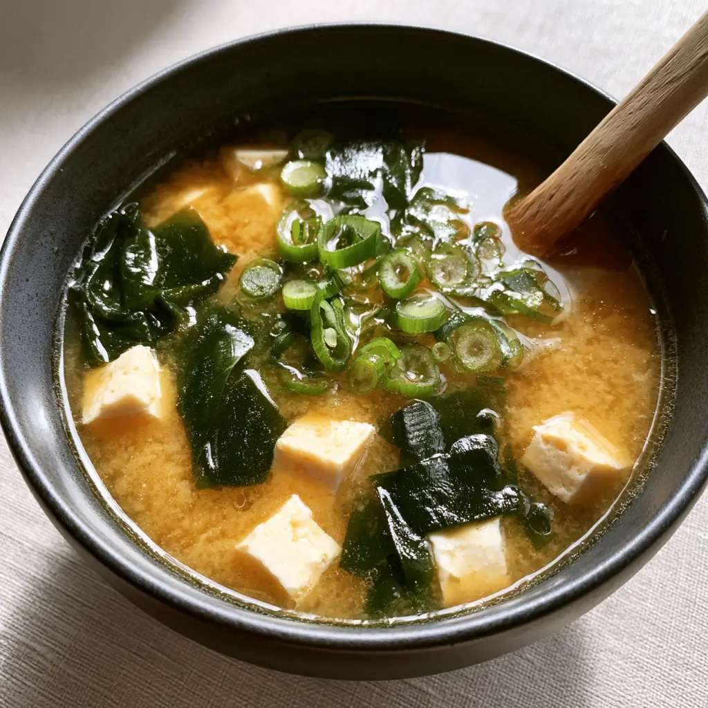 Miso Soup Recipe: Authentic Japanese Comfort in 15 Minutes 1 A handheld smartphone photo of the Miso Soup Recipe in a rustic ceramic bowl with a wooden spoon.