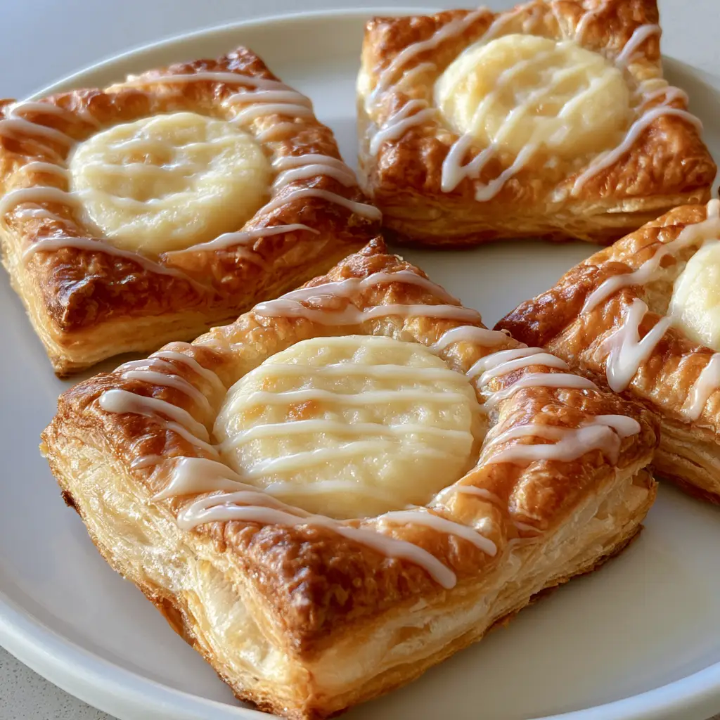 Mini Cheese Danish: Easy Bakery-Style Puff Pastry Recipe 1 Top down view of mini cheese danishes on a white plate featuring a matte cream cheese filling center.
