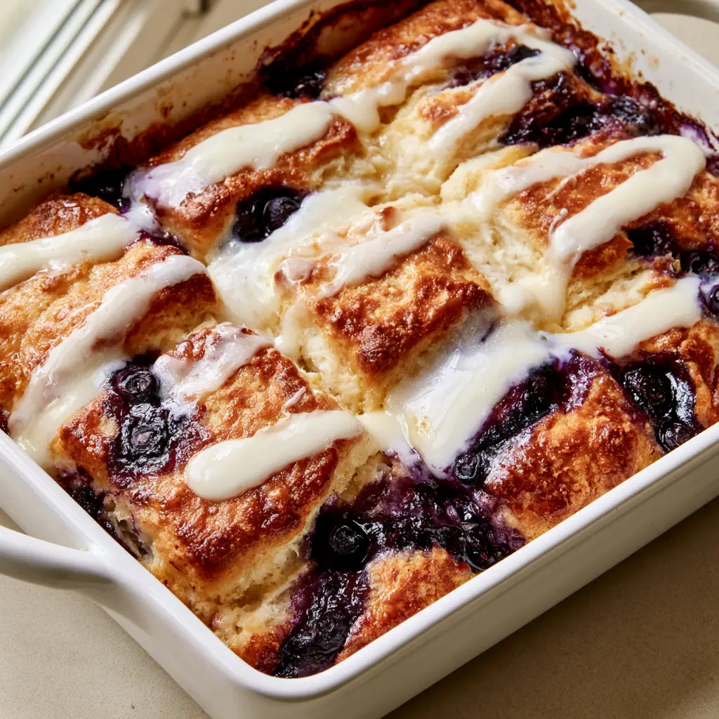 Close up of Lemon Blueberry Butter Swim Biscuits showing the airy, moist texture and thick lemon icing zigzag.