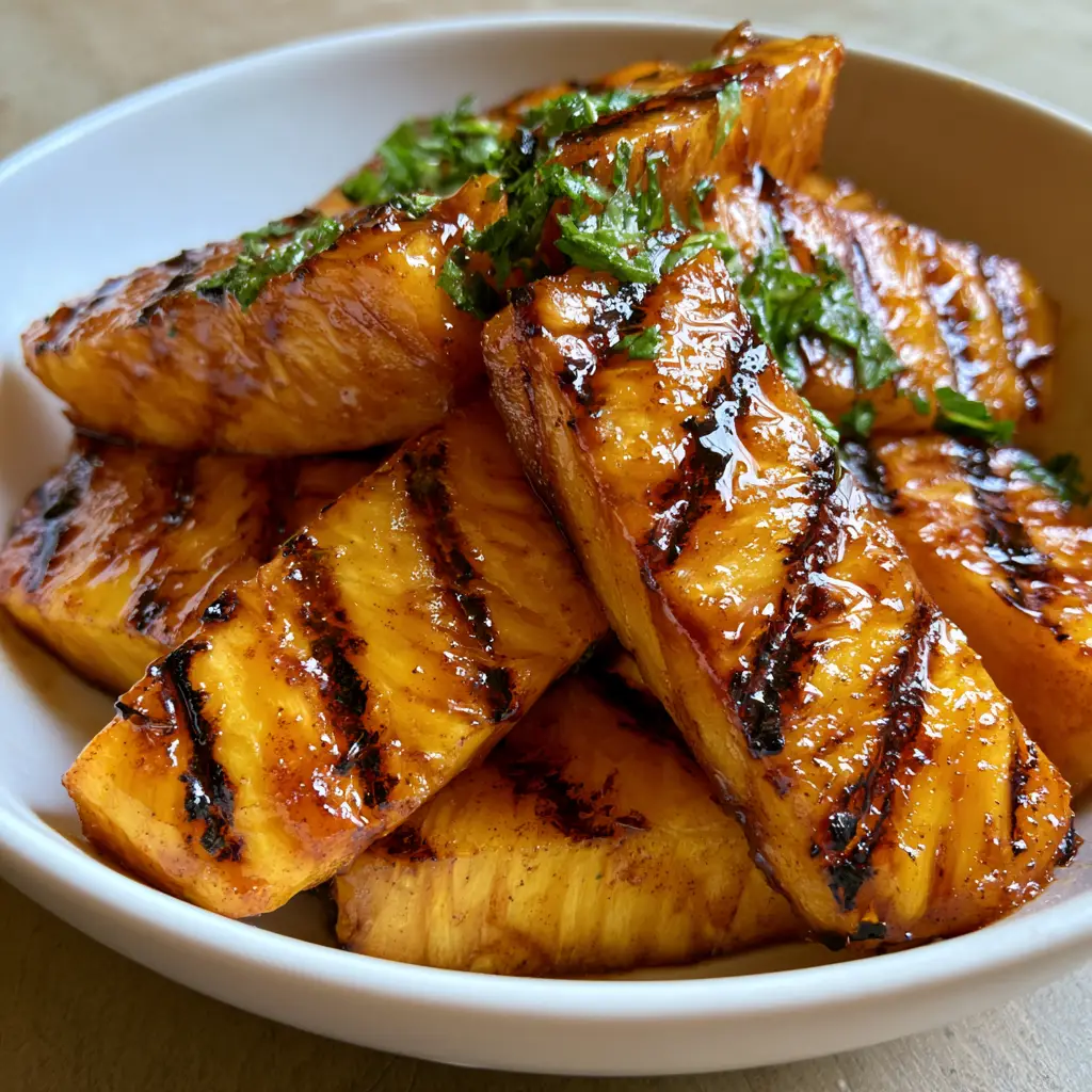 Thick slices of Brown Sugar Grilled Pineapple showing vibrant golden-yellow fruit and sticky cinnamon glaze.