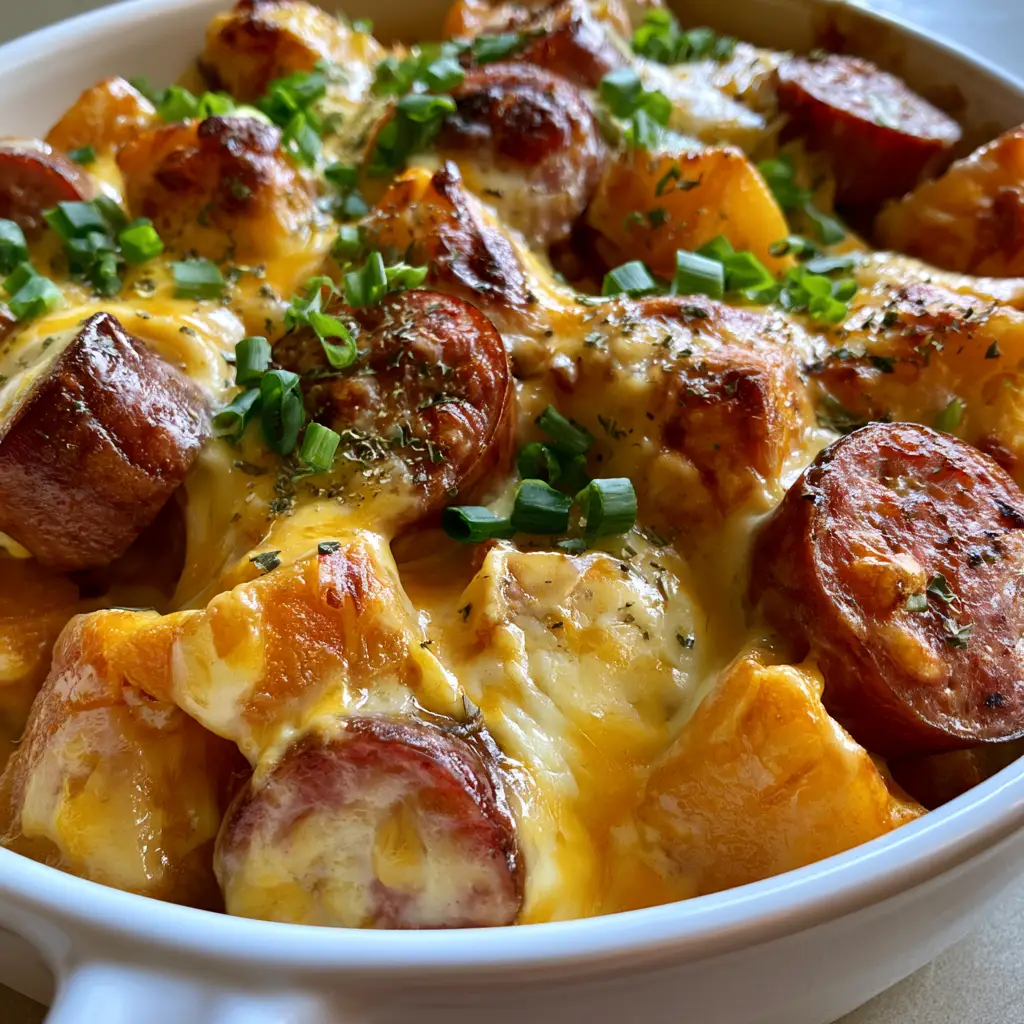 Kielbasa Potato Casserole with Creamy Cheddar Sauce 1 Kielbasa Potato Casserole served in a white dish with fresh green onions and dried herb flakes.