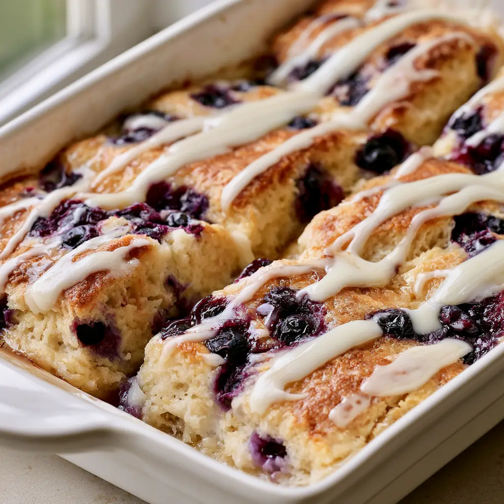 Golden-brown square biscuits in a white dish with blueberries bursting through the surface.