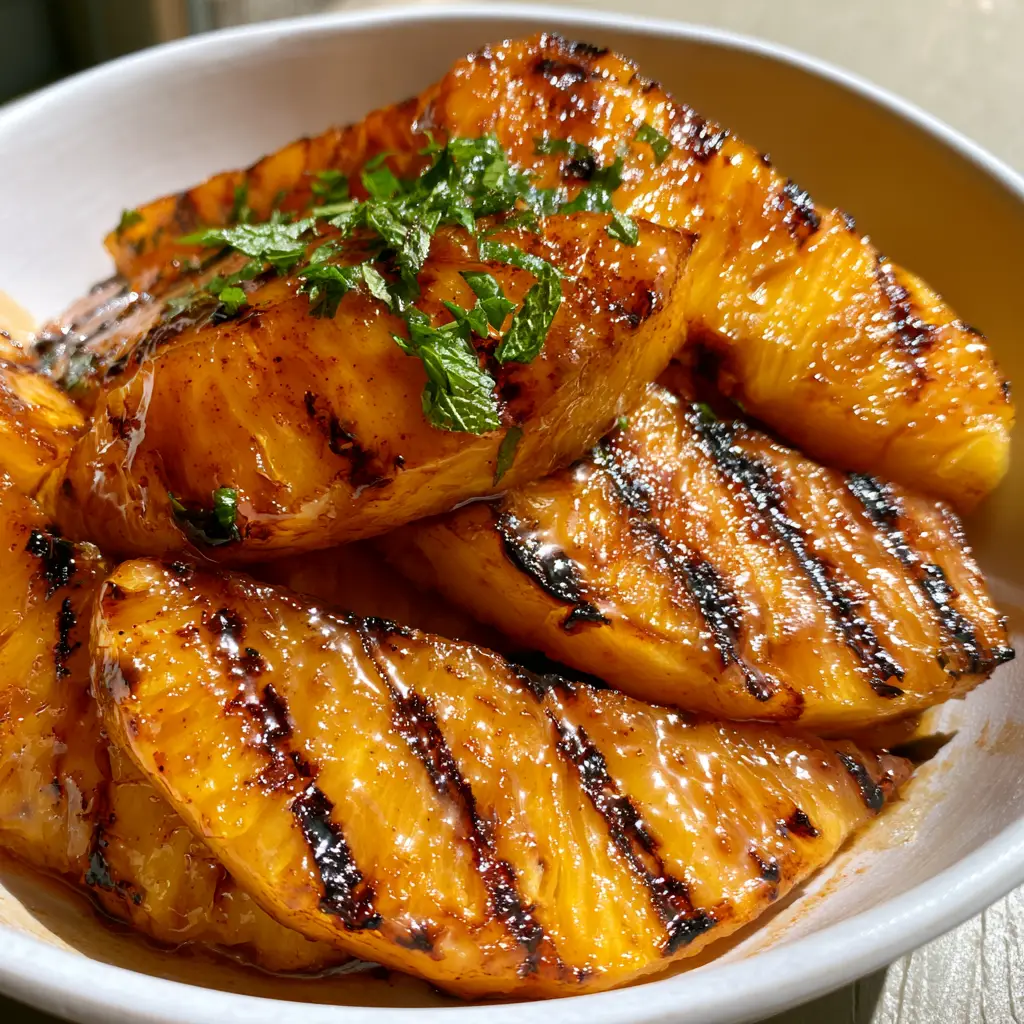 Brown Sugar Grilled Pineapple: The Best Caramelized Summer Dessert 1 Diagonal dark brown grill marks on caramelized Brown Sugar Grilled Pineapple wedges with fresh mint scattered on top.