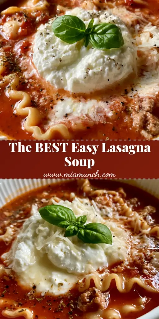 Lasagna Soup Recipe: The Ultimate One-Pot Comfort Meal 3 A top-down view of Lasagna Soup in a white bowl with wavy noodles, rich tomato broth, and a melting dollop of ricotta cheese.