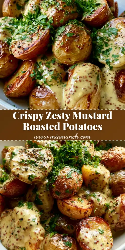 A close-up vertical shot of Mustard Roasted Potatoes in a white bowl, showing crispy blistered skins and a glossy mustard seed glaze.