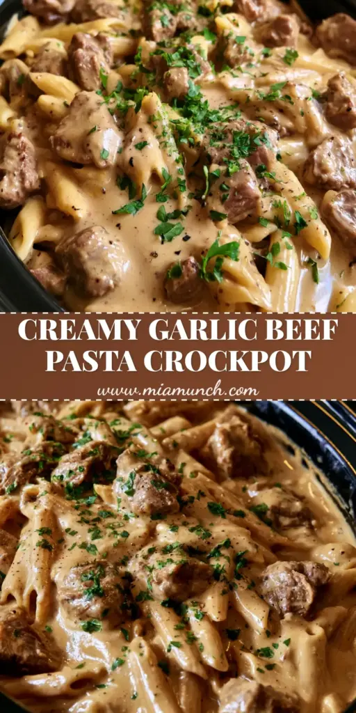 Slow Cooker Garlic Beef Pasta (Creamy & Tender) 4 A close-up view of Slow Cooker Garlic Beef Pasta in a black crockpot, showing tender beef and penne in a thick cream sauce.