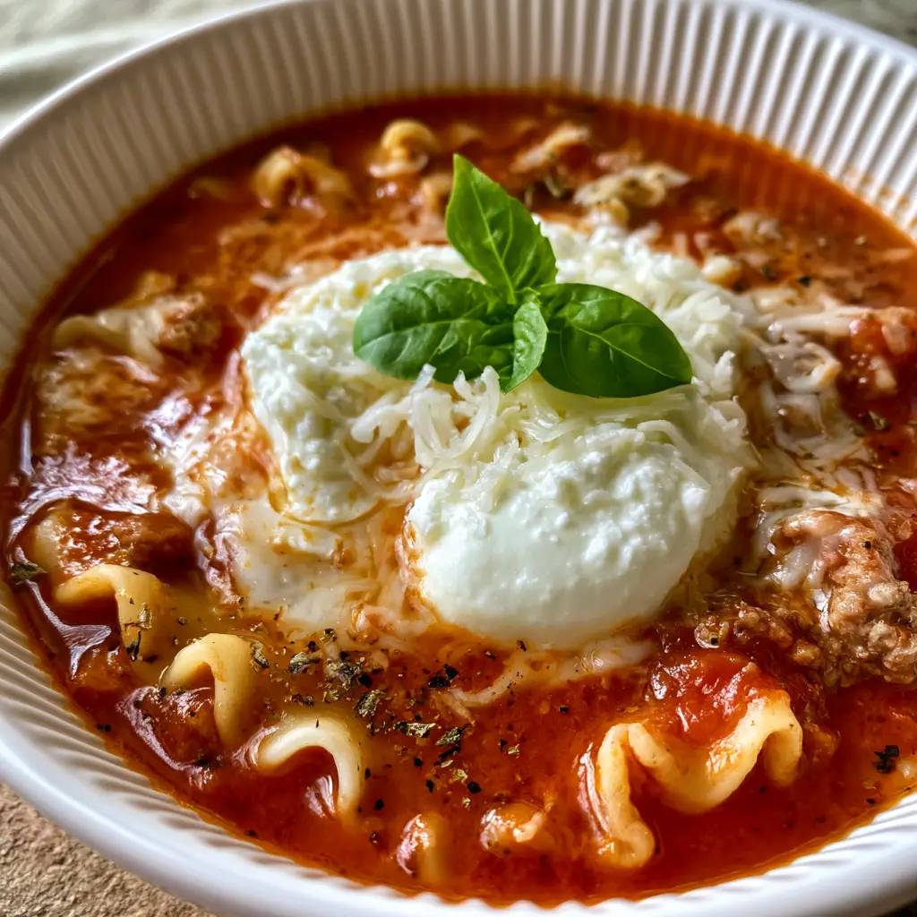 Lasagna Soup Recipe: The Ultimate One-Pot Comfort Meal 2 Close up of Lasagna Soup in a ribbed white ceramic bowl showing browned ground meat crumbles and wavy noodles.