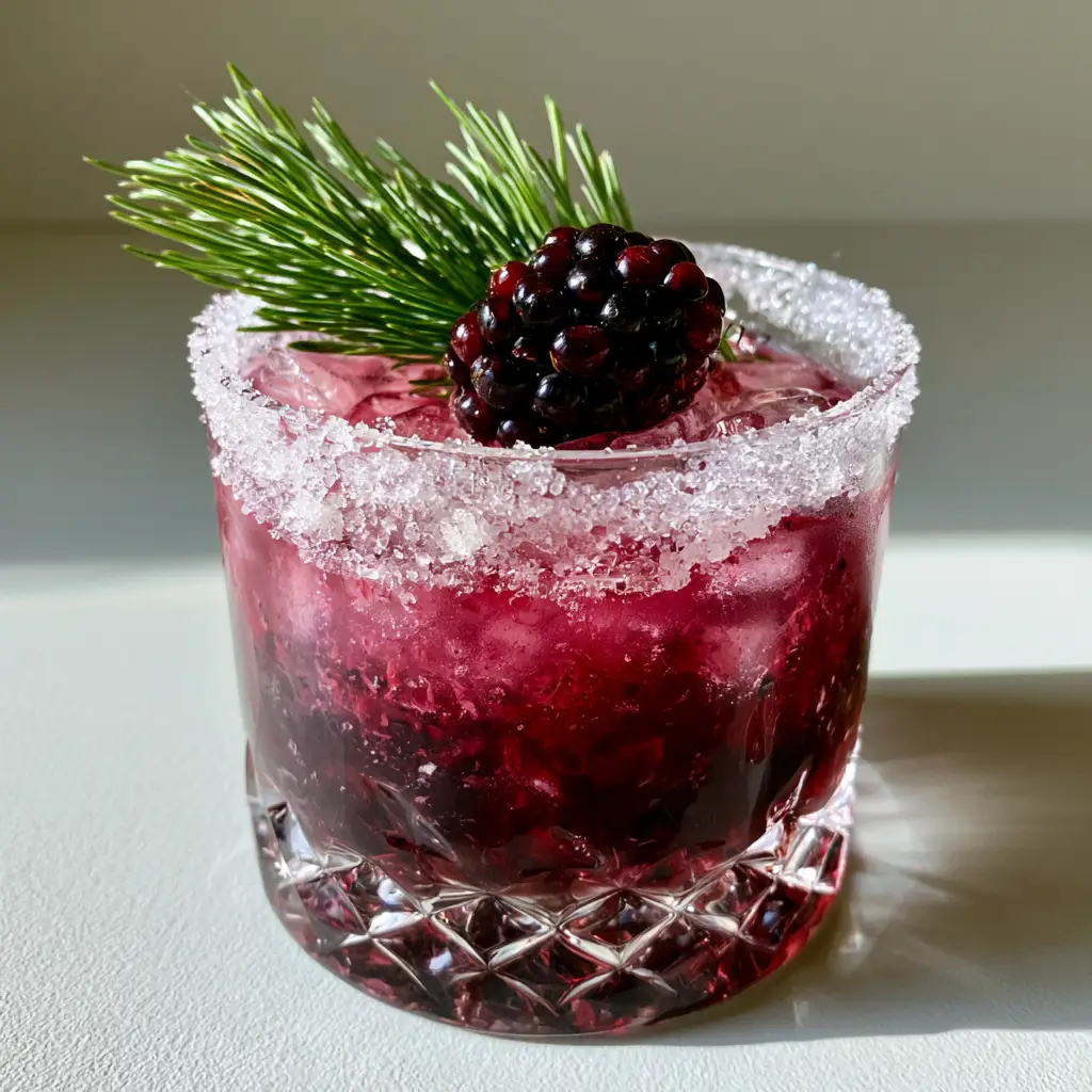 Blackberry Gin Smash: The Ultimate Refreshing Botanical Cocktail 2 Close up of a crystal rocks glass filled with a deep magenta Blackberry Gin Smash and a sparkling coarse sugar rim.