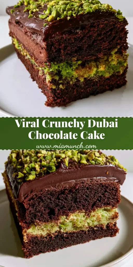 A vertical shot of the Viral Dubai Chocolate Cake showing the crunchy pistachio kunafa center and dark chocolate ganache glaze.