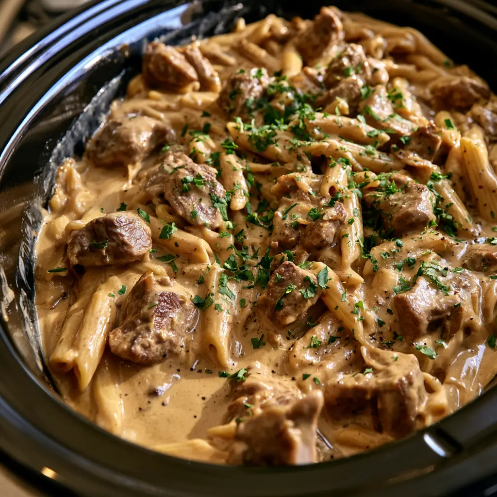 Slow Cooker Garlic Beef Pasta (Creamy & Tender) 2 Top-down view of creamy garlic beef pasta with seared beef chunks and fresh parsley in a black slow cooker.