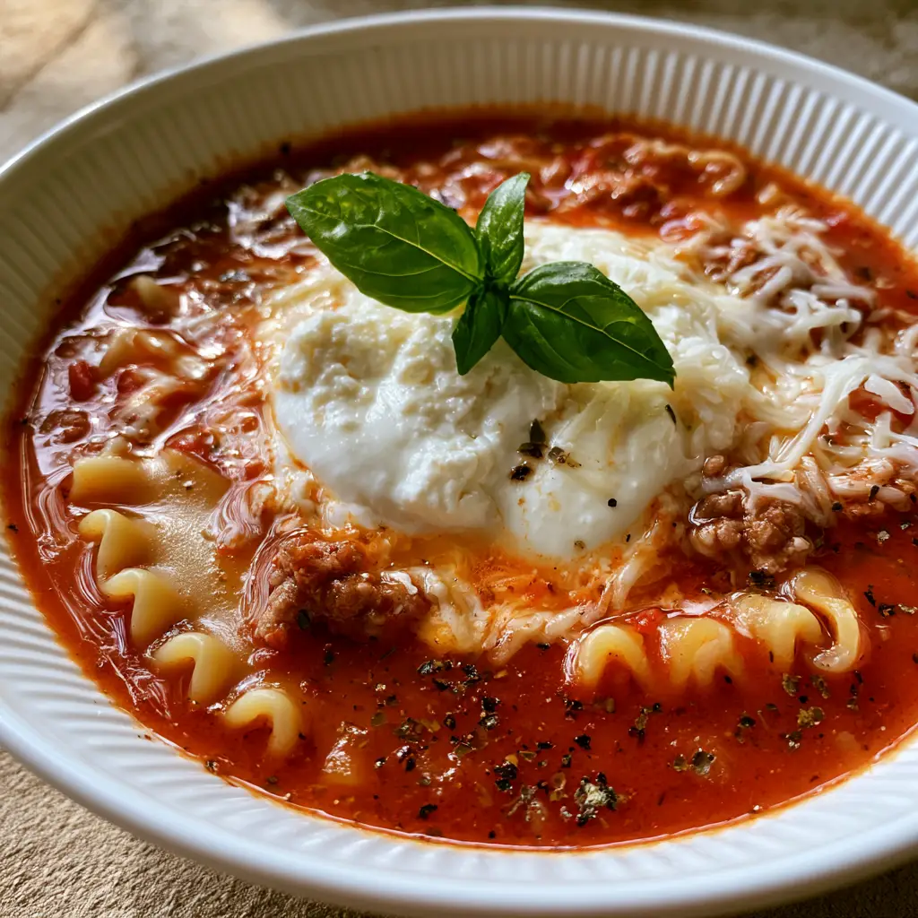 Lasagna Soup Recipe: The Ultimate One-Pot Comfort Meal 1 A dollop of ricotta cheese melting into a bowl of Lasagna Soup with a fresh basil leaf sprig.