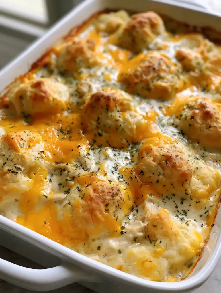Chicken Bubble Biscuit Bake: The Ultimate Cheesy Comfort Food 1 Side view of Chicken Bubble Biscuit Bake showing toasted biscuit edges and pools of melted orange cheddar cheese.