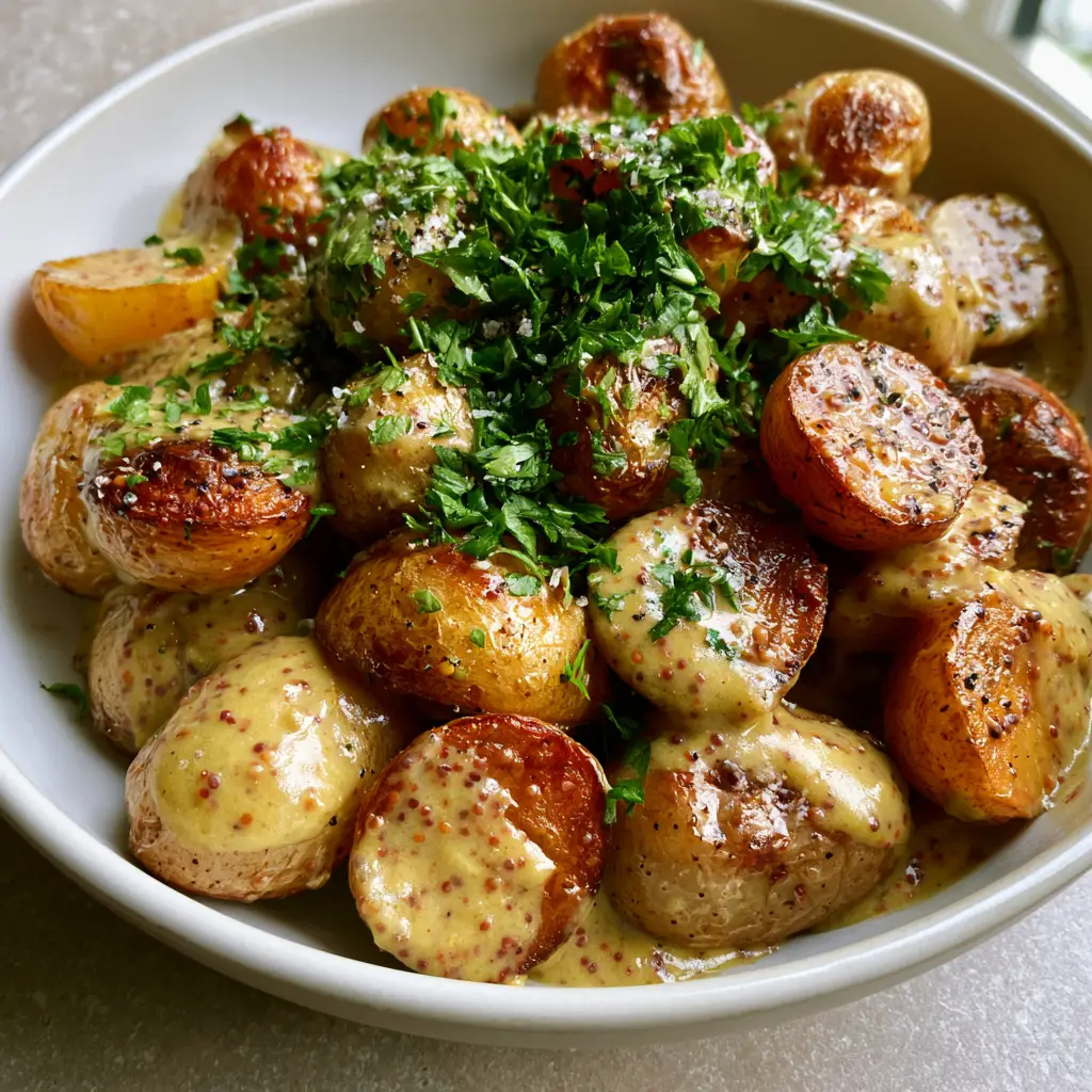 A smartphone photo of Mustard Roasted Potatoes on a grey stone countertop, highlighting the blistered textures and melted butter sheen.