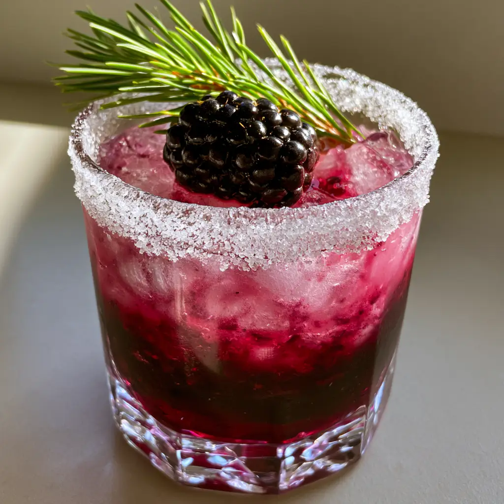 Blackberry Gin Smash: The Ultimate Refreshing Botanical Cocktail 1 Top down view of a Blackberry Gin Smash garnished with a glossy blackberry and green pine needle sprig.