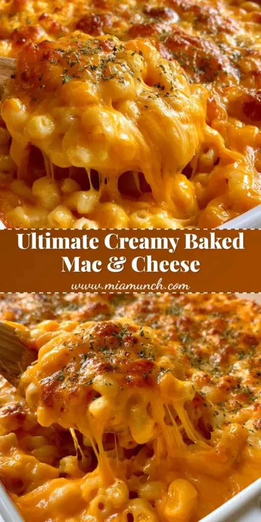 Baked Macaroni and Cheese with a Golden Bubbly Crust 3 A close-up of Baked Macaroni and Cheese in a white ceramic dish showing a gooey cheese pull with a wooden spoon and a bubbly golden-brown crust.