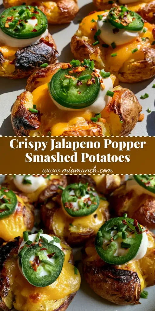 Jalapeno Smashed Potatoes With Creamy Cheddar And Chives 3 A close up of Jalapeno Smashed Potatoes on a grey plate featuring crispy edges, melted cheddar, a jalapeno slice, and a cream cheese dollop.