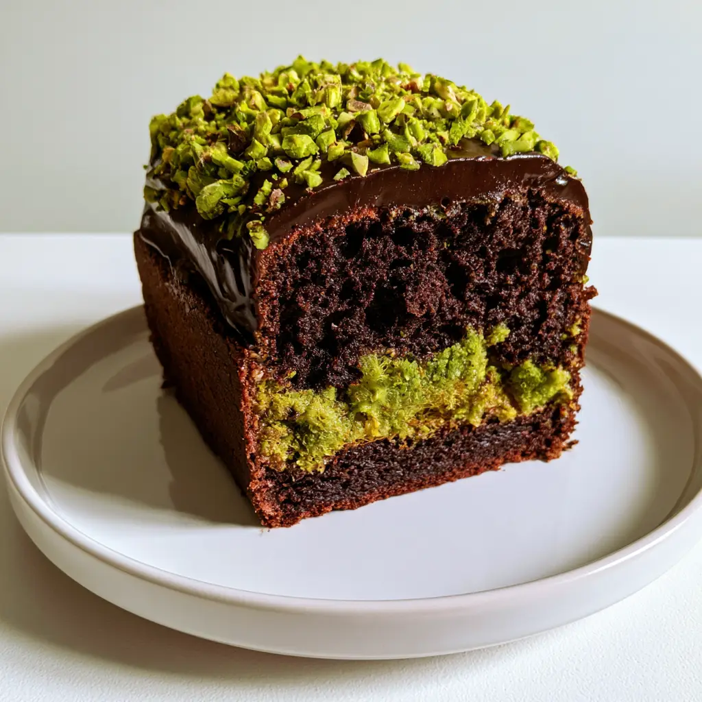 A slice of Viral Dubai Chocolate Cake on a white plate showing three distinct layers: cocoa sponge, lime-green kunafa, and sponge. (Viral Dubai Chocolate Cake)