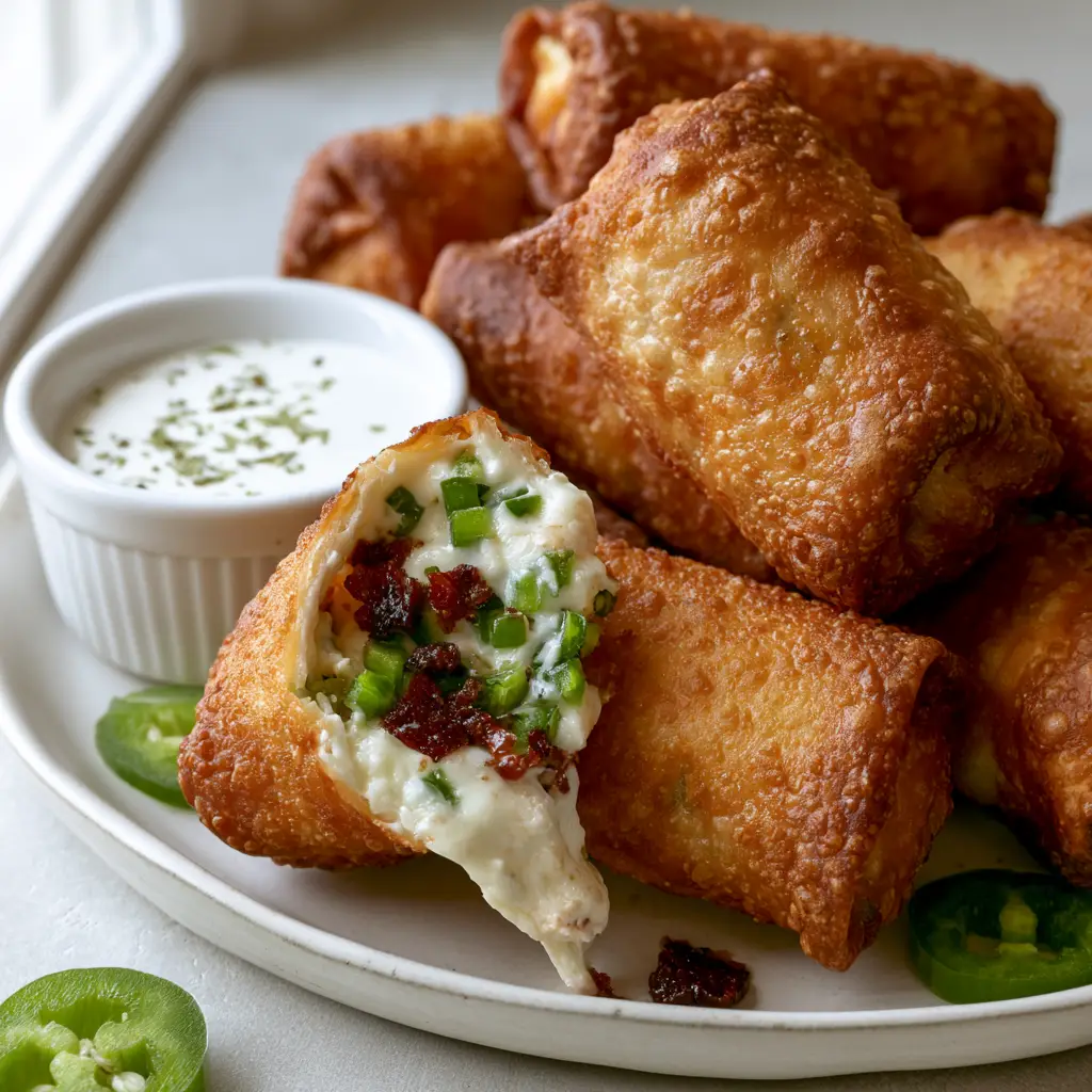 Deep fried Jalapeno Popper Egg Rolls stacked on a ceramic plate under natural light.