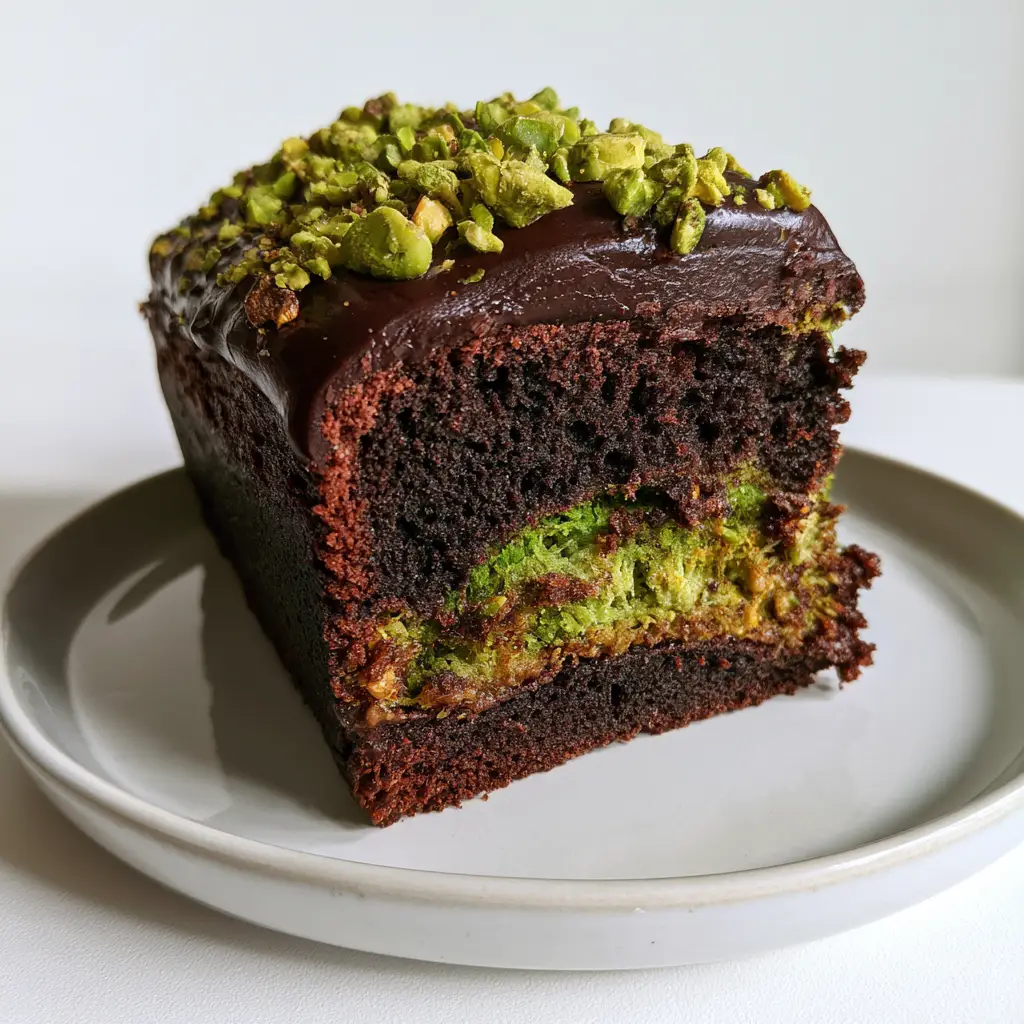 Close up of a rectangular Viral Dubai Chocolate Cake loaf topped with dark chocolate ganache and roughly chopped green pistachios.