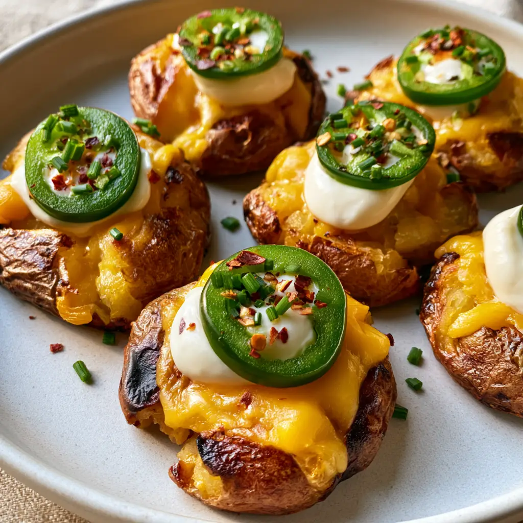 Jalapeno Smashed Potatoes With Creamy Cheddar And Chives 2 Smartphone photo of Jalapeno Smashed Potatoes with golden brown charred skin and melted cheddar.