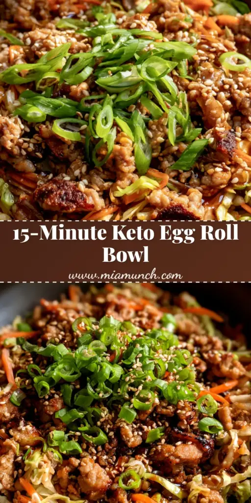 A close-up shot of Egg Roll in a Bowl in a black matte ceramic bowl, showing crispy ground pork, shredded cabbage, and carrots with a glossy sauce and green onion garnish.