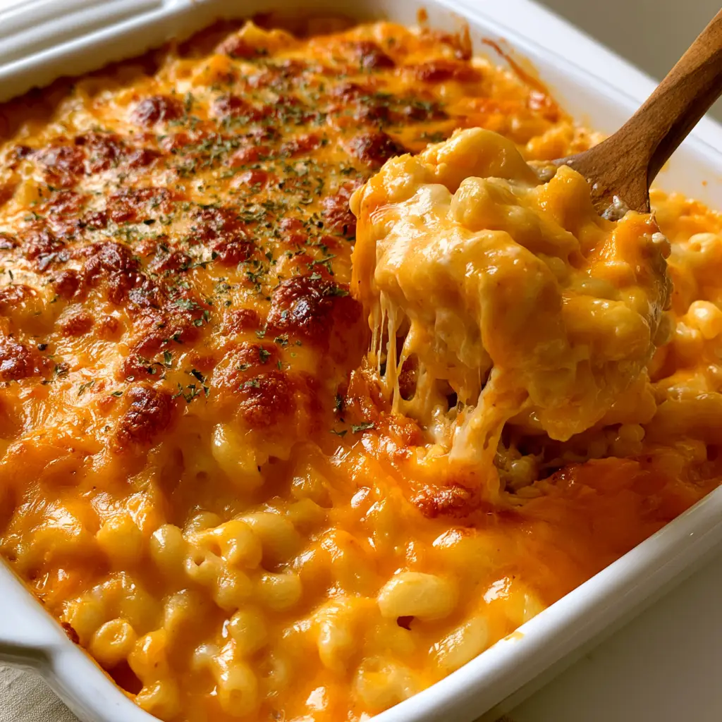 Baked Macaroni and Cheese with a Golden Bubbly Crust 2 Top view of Baked Macaroni and Cheese with vibrant orange sauce and toasted crispy cheese edges in a white rectangular dish.