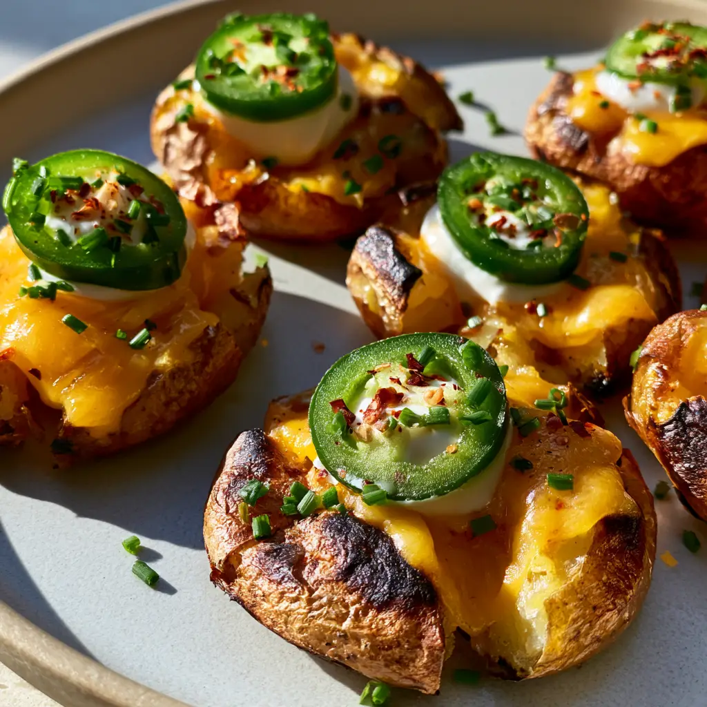Jalapeno Smashed Potatoes With Creamy Cheddar And Chives 1 Detailed shot of melted cheddar cheese and fresh green jalapenos on Jalapeno Smashed Potatoes.