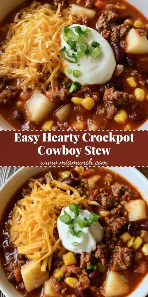 Crockpot Cowboy Stew: A Hearty Slow Cooker Family Favorite 4 A rustic dark wood table featuring a white bowl of Crockpot Cowboy Stew topped with melted cheddar cheese, sour cream, and green onions.