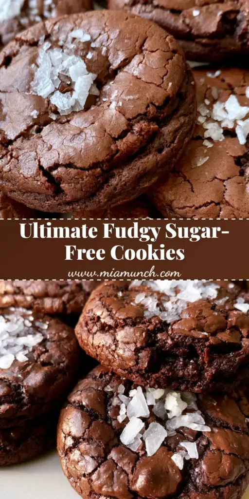 Sugar-Free Chocolate Cookies: Fudgy, Dark, and Flaky Salt-Topped 3 Thick, dark Sugar-Free Chocolate Cookies with a cracked surface and flaky white sea salt on a neutral background.