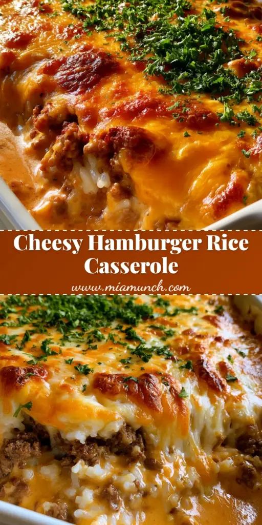 Hamburger Rice Casserole with a Bubbly Toasted Cheese Crust 4 A steaming rectangular white dish of Hamburger Rice Casserole featuring a bubbly toasted cheddar cheese crust and fresh parsley garnish.