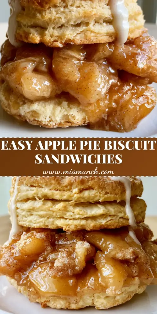 Apple Pie Biscuit Sandwiches: Flaky, Buttery, and Caramelized 4 A handheld Apple Pie Biscuit Sandwich overflowing with amber caramelized apples and white vanilla glaze on a wooden background.