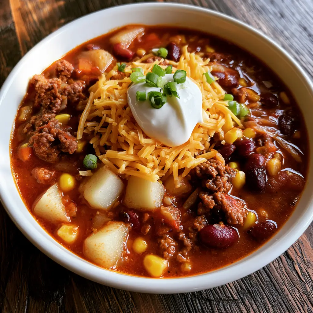 Crockpot Cowboy Stew: A Hearty Slow Cooker Family Favorite 2 Top-down view of Crockpot Cowboy Stew in a white ceramic bowl showing ground beef, potatoes, corn, and kidney beans in a tomato broth.