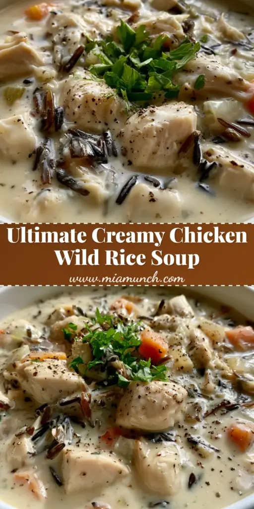 A close-up vertical shot of a white bowl of Creamy Chicken and Wild Rice Soup with thick cream broth, dark rice grains, and fresh parsley garnish.