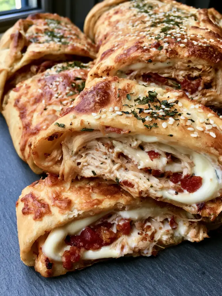 Chicken Bacon Ranch Stromboli: The Ultimate Crispy Golden Bake 2 Overhead view of Chicken Bacon Ranch Stromboli slices revealing thick layers of chicken and melted cheese.