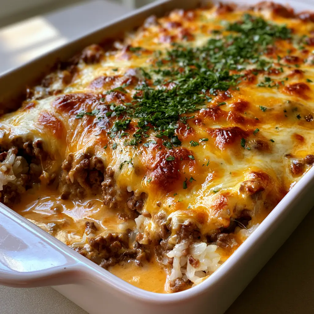 Hamburger Rice Casserole with a Bubbly Toasted Cheese Crust 2 Close-up of crumbled browned beef and white rice in a thick orange-hued cheese sauce. (Hamburger Rice Casserole)