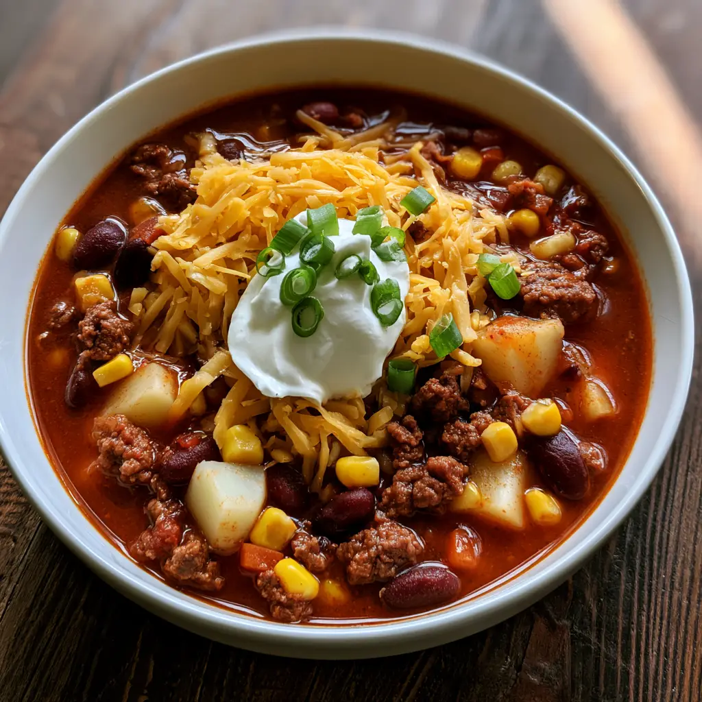 Crockpot Cowboy Stew: A Hearty Slow Cooker Family Favorite 1 Close-up of Crockpot Cowboy Stew featuring a melting mound of cheddar cheese and a smooth dollop of sour cream on top.