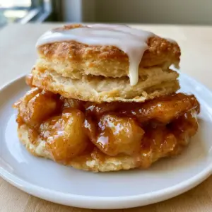 A close-up of a golden-brown Apple Pie Biscuit Sandwich with glossy cinnamon-sugar glaze dripping down the sides.