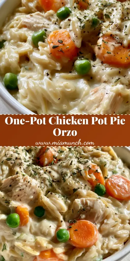 A top-down close up of Chicken Pot Pie Orzo in a white bowl with visible chicken chunks, carrots, and peas in a creamy sauce.
