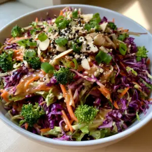 High-angle view of Crunchy Asian Cabbage Salad with glossy sesame ginger dressing, almonds, and sesame seeds.