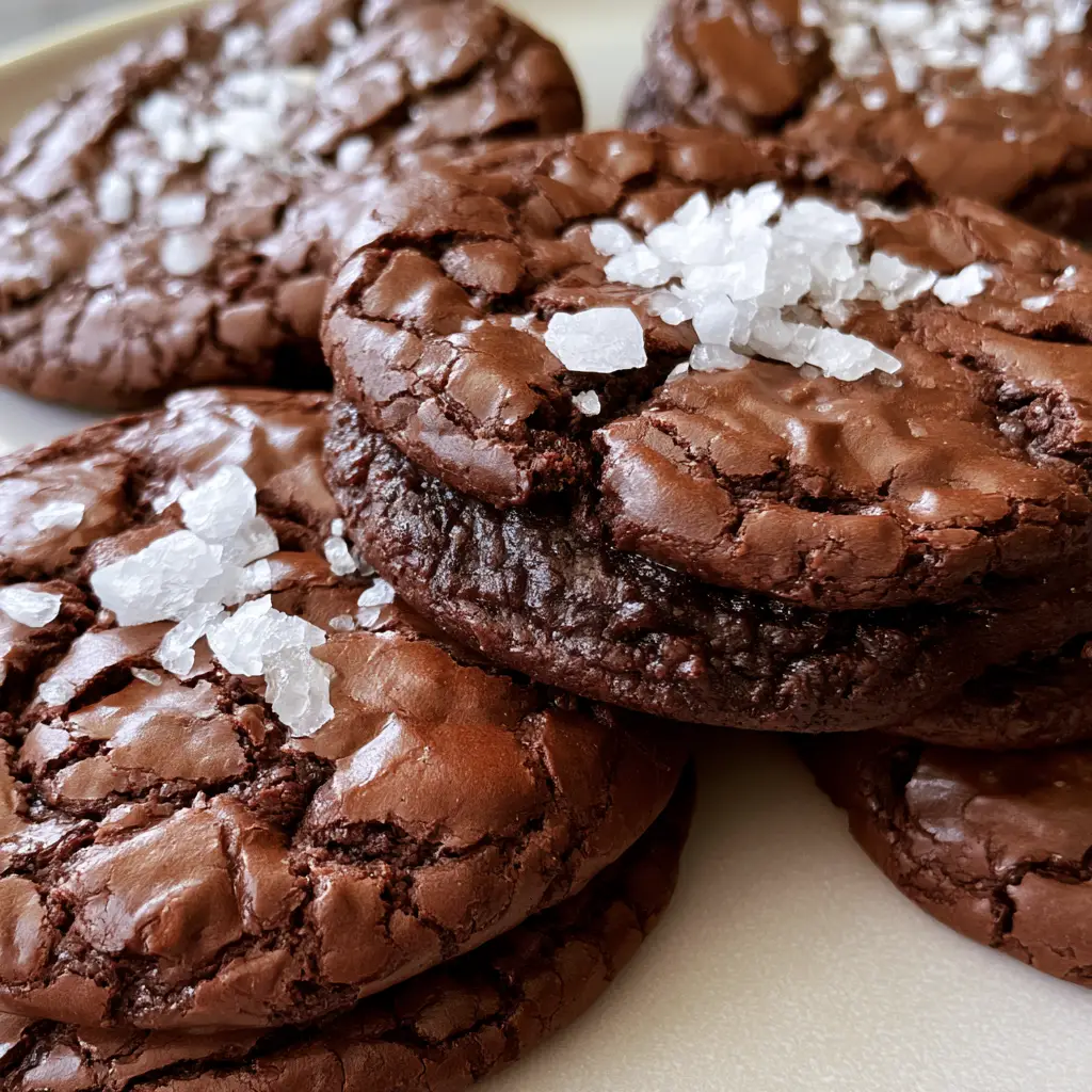Sugar-Free Chocolate Cookies: Fudgy, Dark, and Flaky Salt-Topped 1 Close-up of the cracked surface texture on a dark cocoa Sugar-Free Chocolate Cookie.