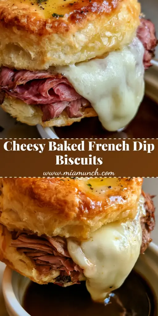 A close-up of a golden-brown flaky French Dip Biscuit being dipped into a white ceramic ramekin of dark brown au jus dipping sauce.