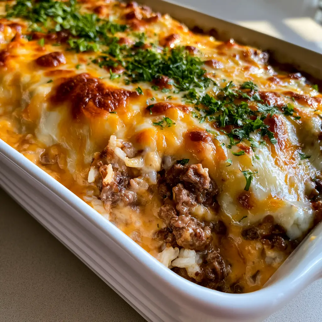 Hamburger Rice Casserole with a Bubbly Toasted Cheese Crust 1 The bubbly toasted cheddar cheese patches on top of a Hamburger Rice Casserole, garnished with fresh parsley.