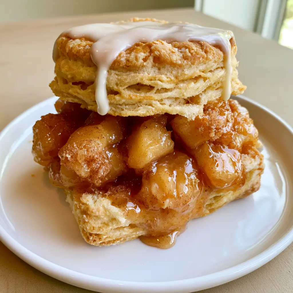 Apple Pie Biscuit Sandwiches: Flaky, Buttery, and Caramelized 1 A single Apple Pie Biscuit Sandwich on a white plate showing translucent amber apple chunks and white icing drizzle.