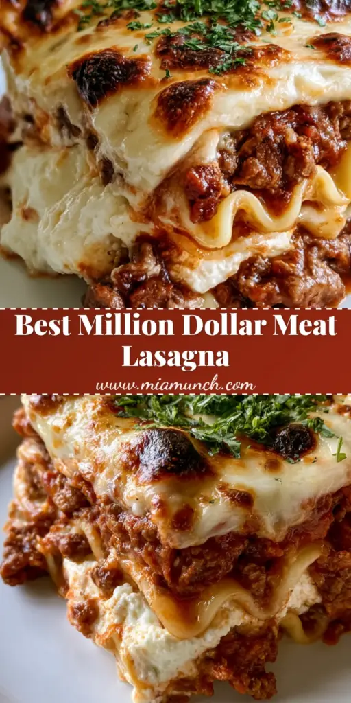 A close-up side-profile view of a single square slice of Million Dollar Italian Lasagna with wavy noodles and golden brown cheese.